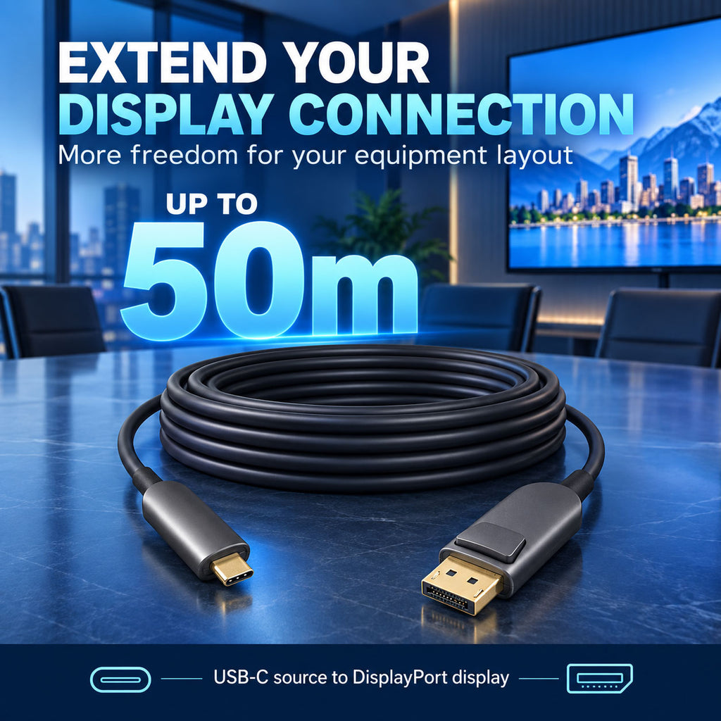 Long USB-C to DP optical cable for display installations up to 50m