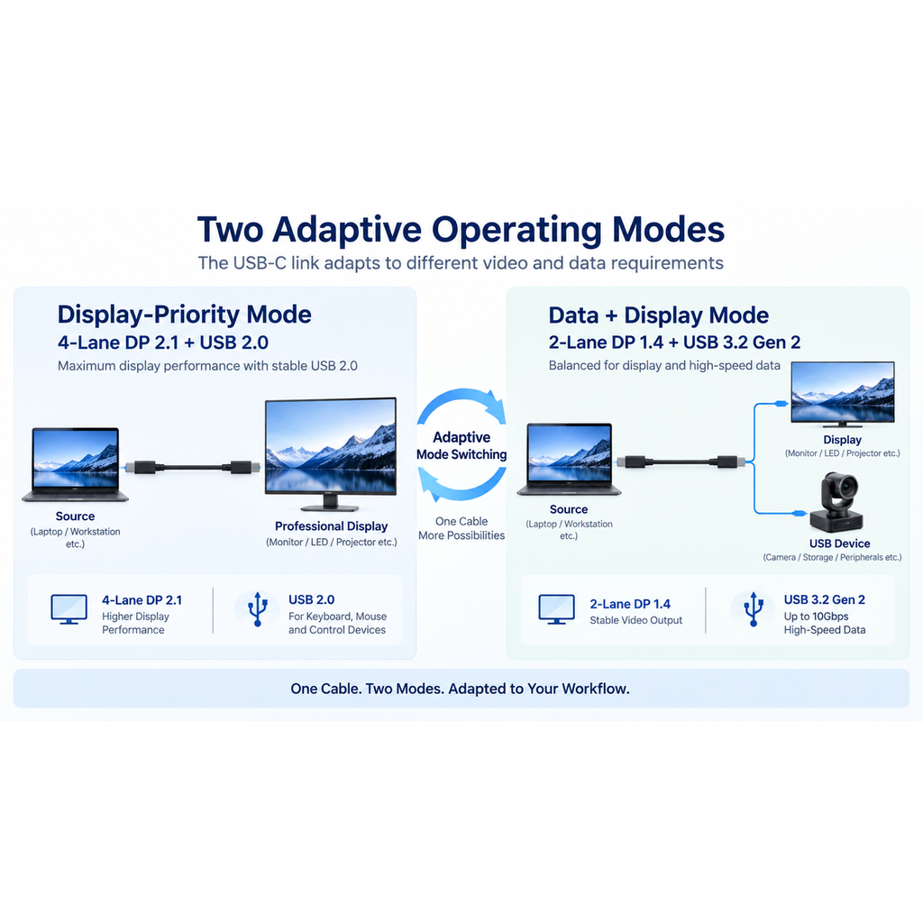 Adaptive 4-lane display and 2-lane data plus display modes