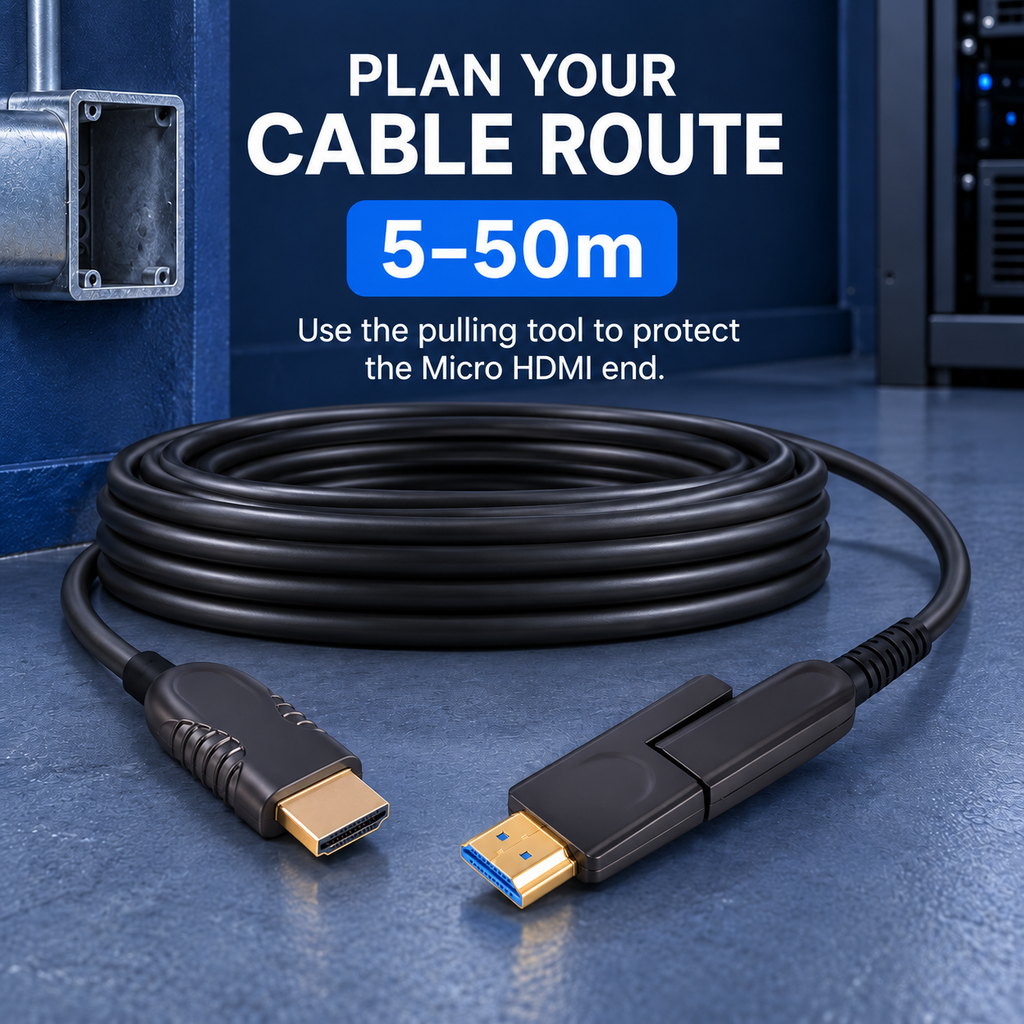 HDMI optical cable installation with pulling tool
