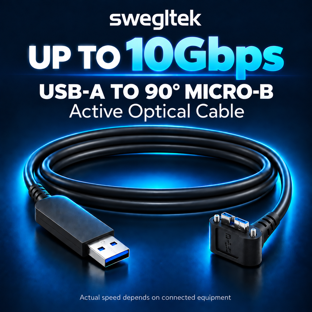 Coiled USB-A to 90-degree Micro-B active optical cable rated up to 10Gbps.