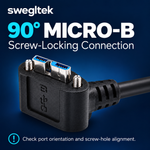 Close-up of the 90-degree Micro-B plug and two locking screws.
