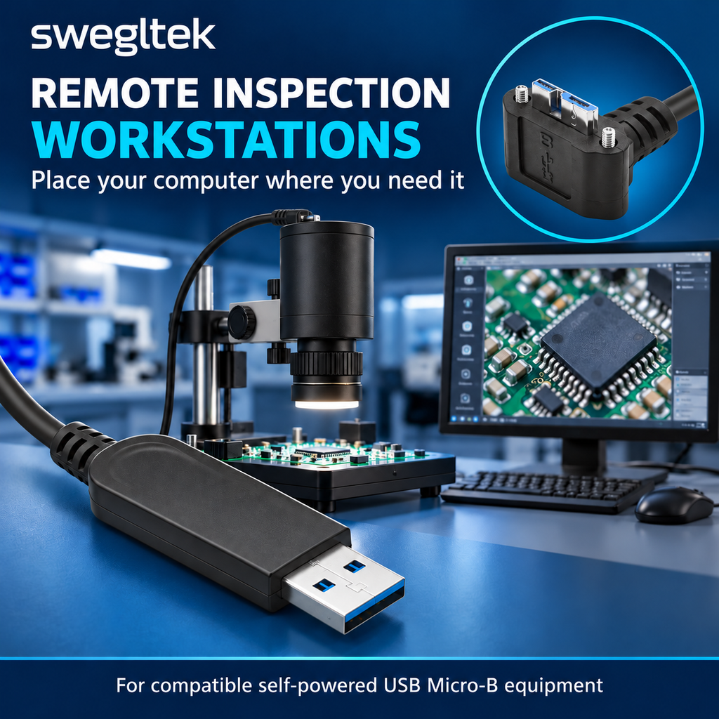 Remote microscope inspection workstation with USB-A and Micro-B cable details.