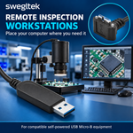 Remote microscope inspection workstation with USB-A and Micro-B cable details.