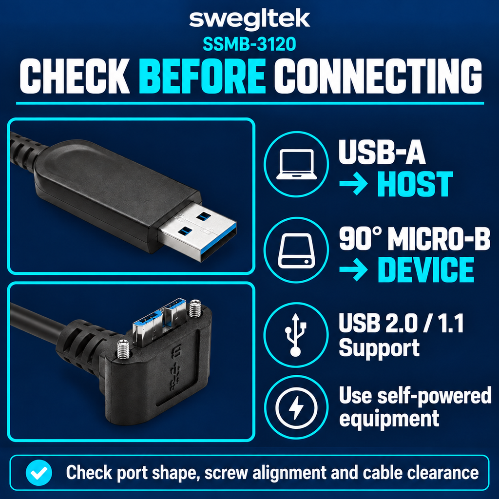Host and device connection guide with USB compatibility and power checks.