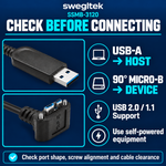 Host and device connection guide with USB compatibility and power checks.