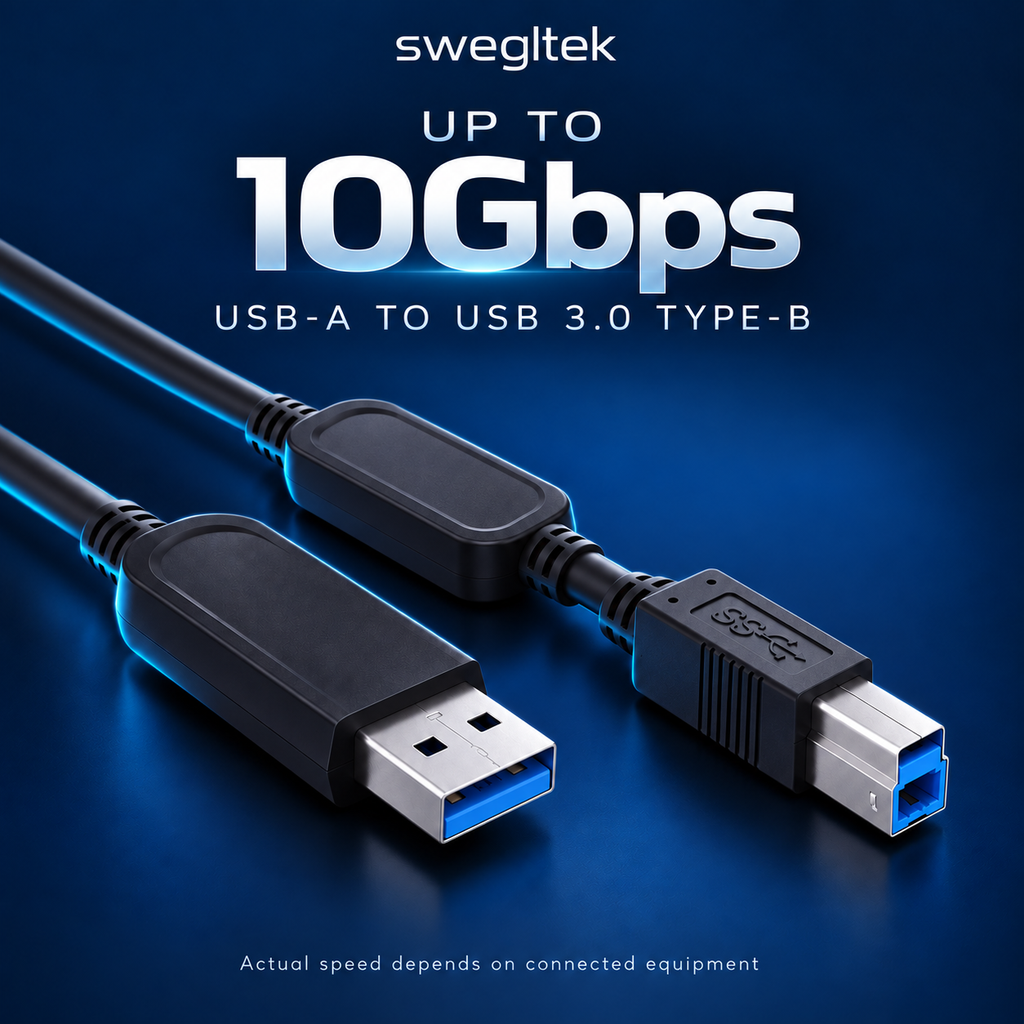 Coiled USB-A to Type-B active optical cable rated up to 10Gbps.