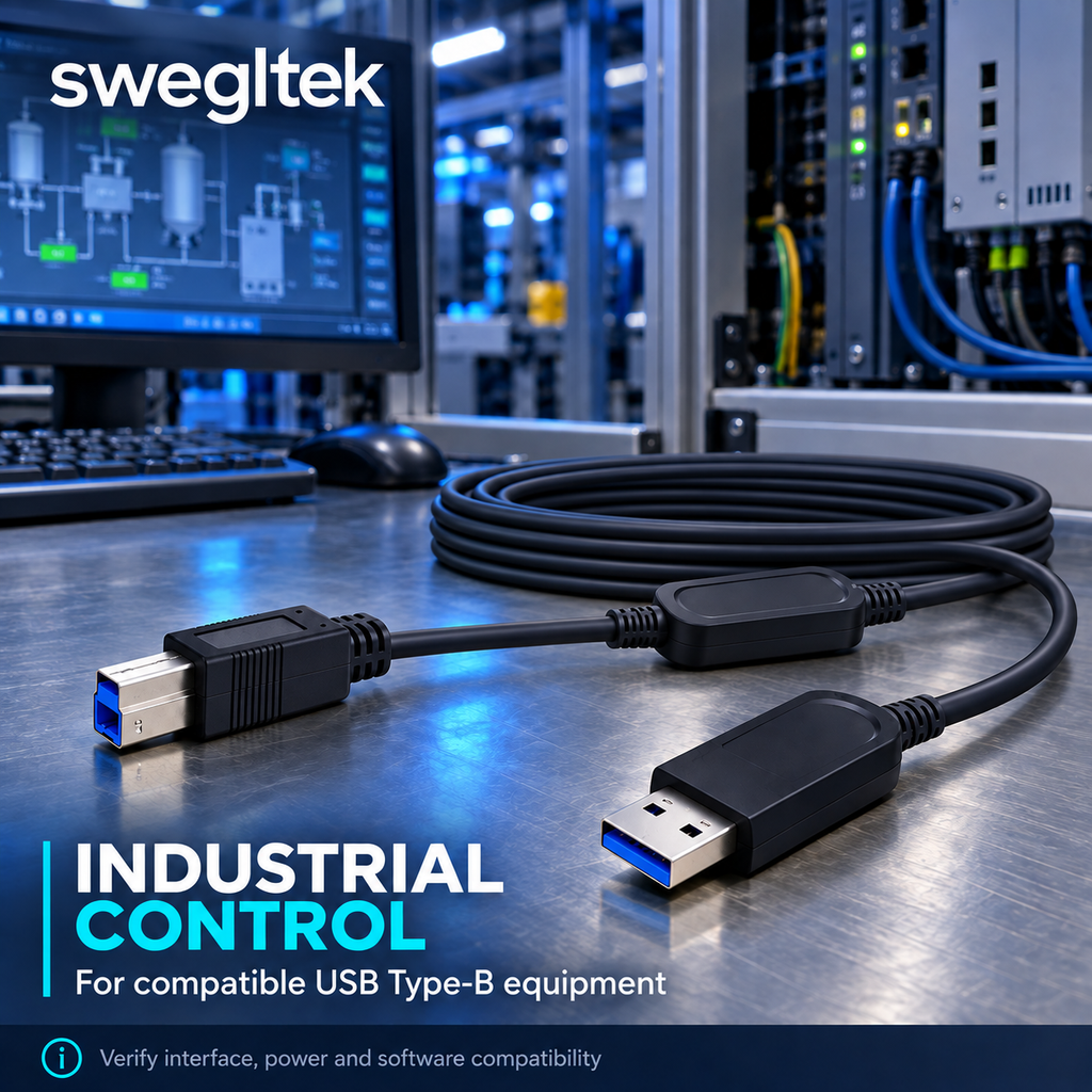 SUAB-3120 cable illustrated at an industrial control workstation.