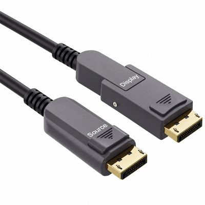 Swegltek DP Source to Mini DP Display active optical cable, with removable full-size DisplayPort display adapter fitted; white diagonal main image.