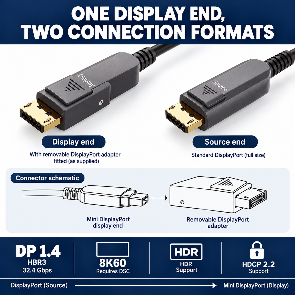 Swegltek DisplayPort to Mini DisplayPort1.4 active optical cable: adapter-structure; display end with removable DP adapter fitted,8K60requiresDSC.