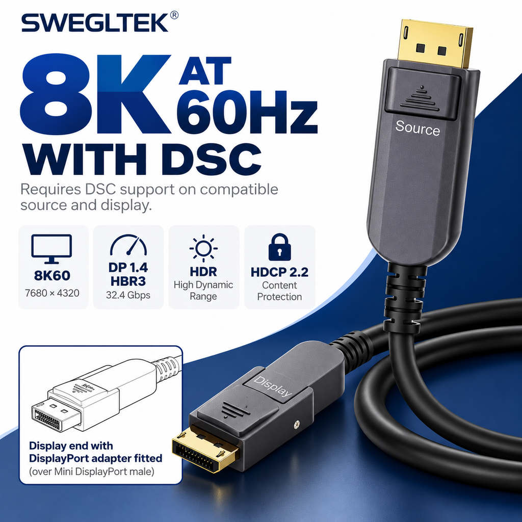 Swegltek DisplayPort to Mini DisplayPort1.4 active optical cable: 8k-dsc; display end with removable DP adapter fitted,8K60requiresDSC.