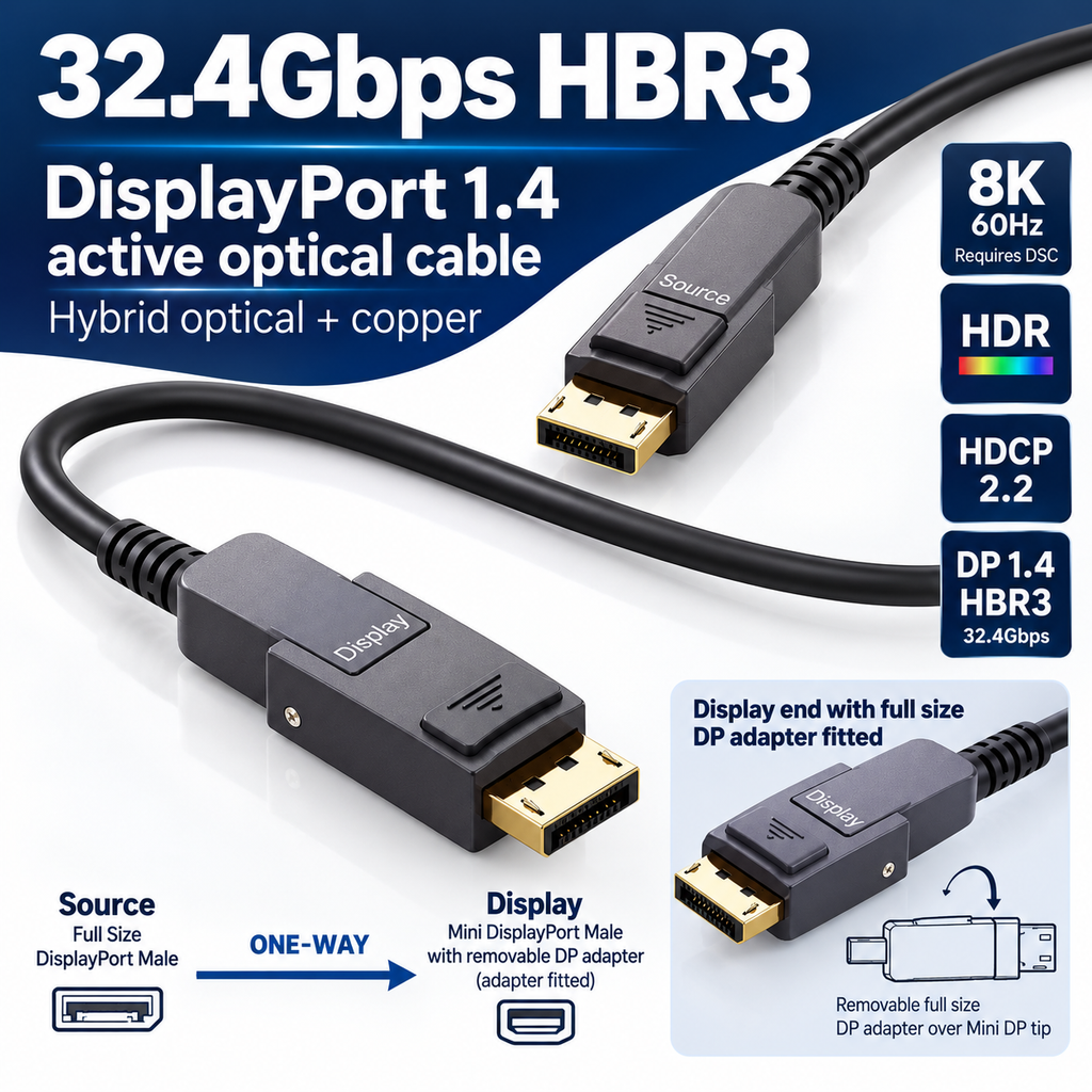 Swegltek DisplayPort to Mini DisplayPort1.4 active optical cable: hbr3; display end with removable DP adapter fitted,8K60requiresDSC.