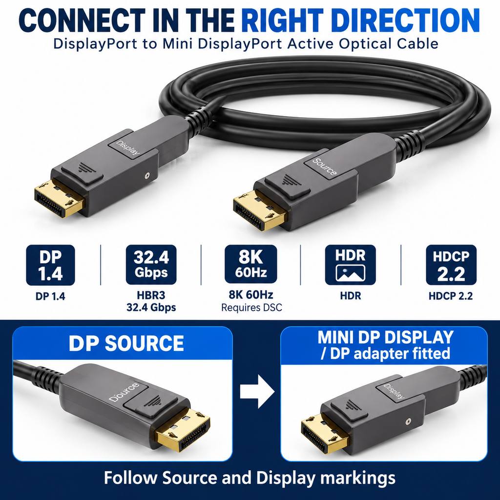 Swegltek DisplayPort to Mini DisplayPort1.4 active optical cable: direction; display end with removable DP adapter fitted,8K60requiresDSC.