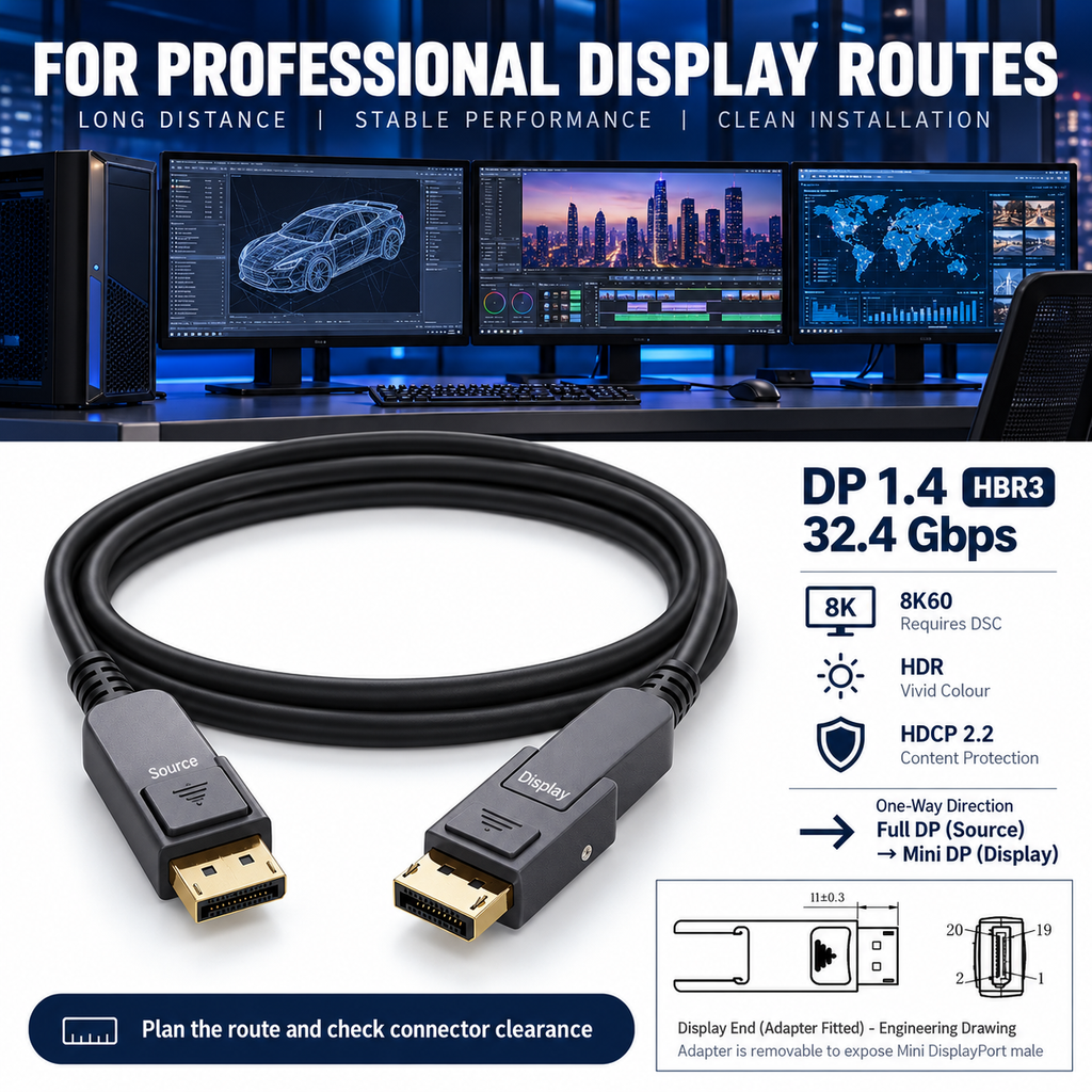Swegltek DisplayPort to Mini DisplayPort1.4 active optical cable: professional-routes; display end with removable DP adapter fitted,8K60requiresDSC.