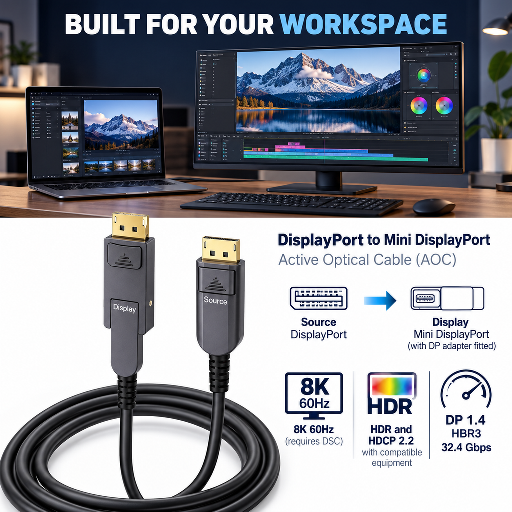 Swegltek DisplayPort to Mini DisplayPort1.4 active optical cable: workspace; display end with removable DP adapter fitted,8K60requiresDSC.