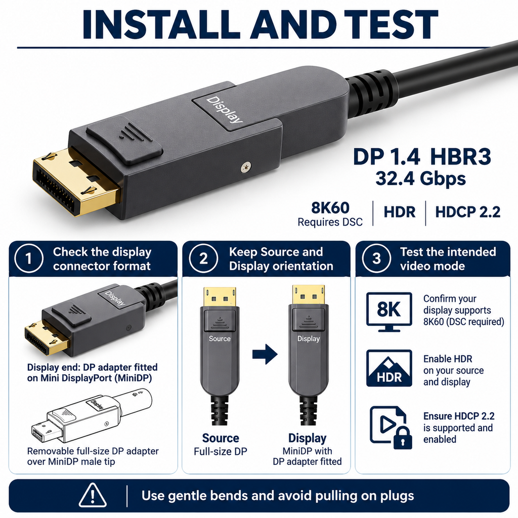 Swegltek DisplayPort to Mini DisplayPort1.4 active optical cable: installation; display end with removable DP adapter fitted,8K60requiresDSC.