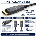 Swegltek DisplayPort to Mini DisplayPort1.4 active optical cable: installation; display end with removable DP adapter fitted,8K60requiresDSC.