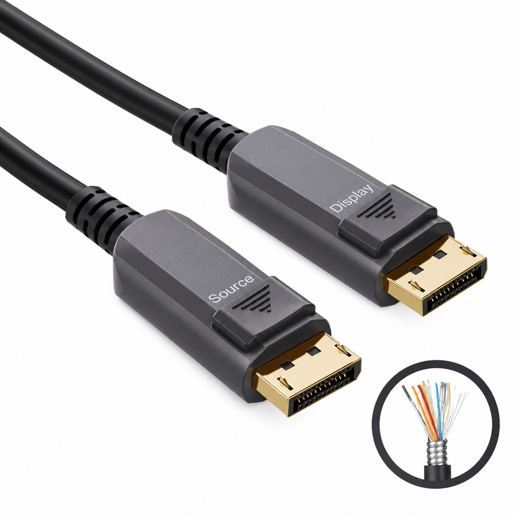 Swegltek armored DisplayPort1.4 active optical cable,main; internal helical metal armor under black jacket,8K60withDSC.