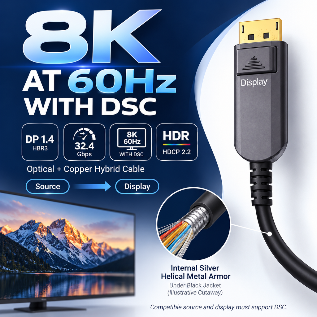 Swegltek armored DisplayPort1.4 active optical cable,8k-dsc; internal helical metal armor under black jacket,8K60withDSC.