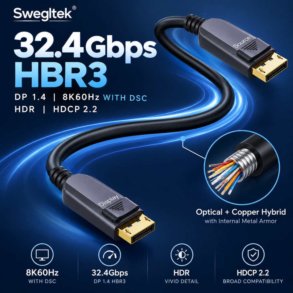 Swegltek armored DisplayPort1.4 active optical cable,hbr3; internal helical metal armor under black jacket,8K60withDSC.