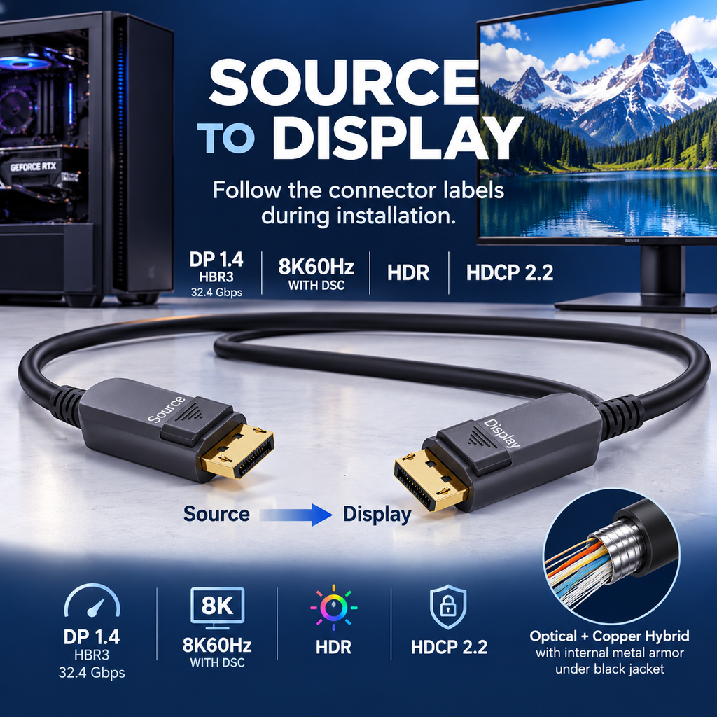 Swegltek armored DisplayPort1.4 active optical cable,direction; internal helical metal armor under black jacket,8K60withDSC.