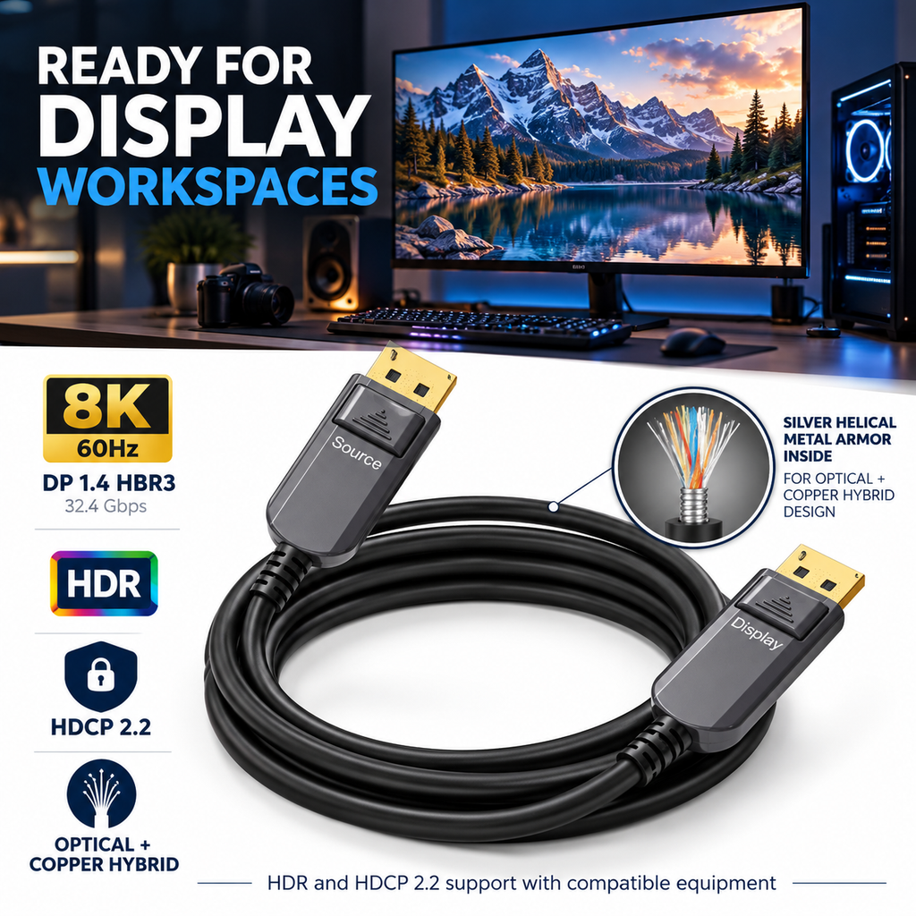 Swegltek armored DisplayPort1.4 active optical cable,workspace; internal helical metal armor under black jacket,8K60withDSC.