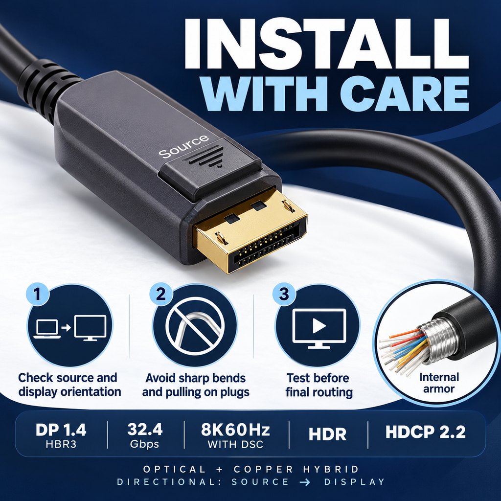 Swegltek armored DisplayPort1.4 active optical cable,installation; internal helical metal armor under black jacket,8K60withDSC.