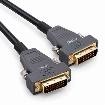 Swegltek DVI active optical cable with Source and Display male connectors on a white background.