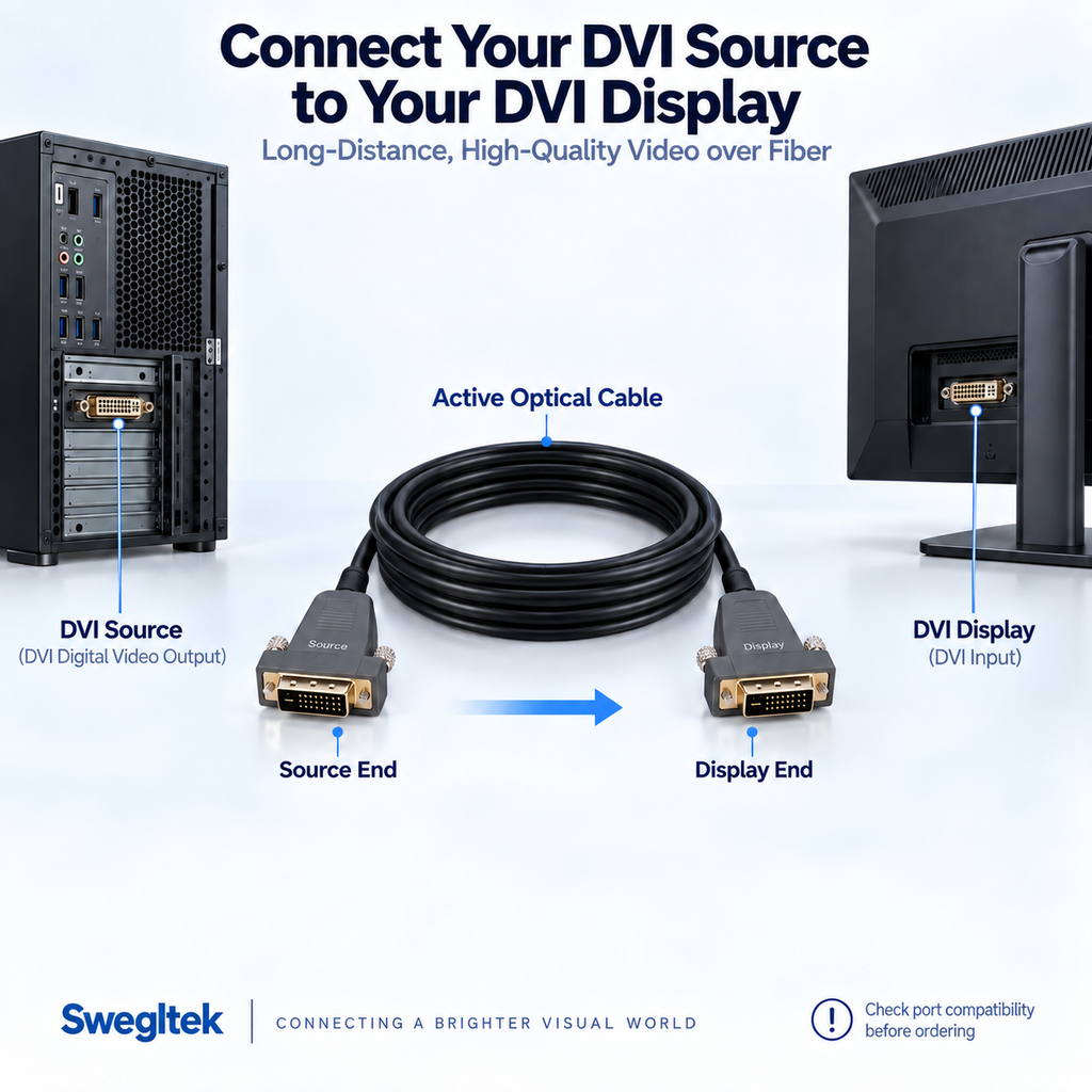 Directional DVI cable diagram showing a workstation output, Source and Display ends, and monitor input.