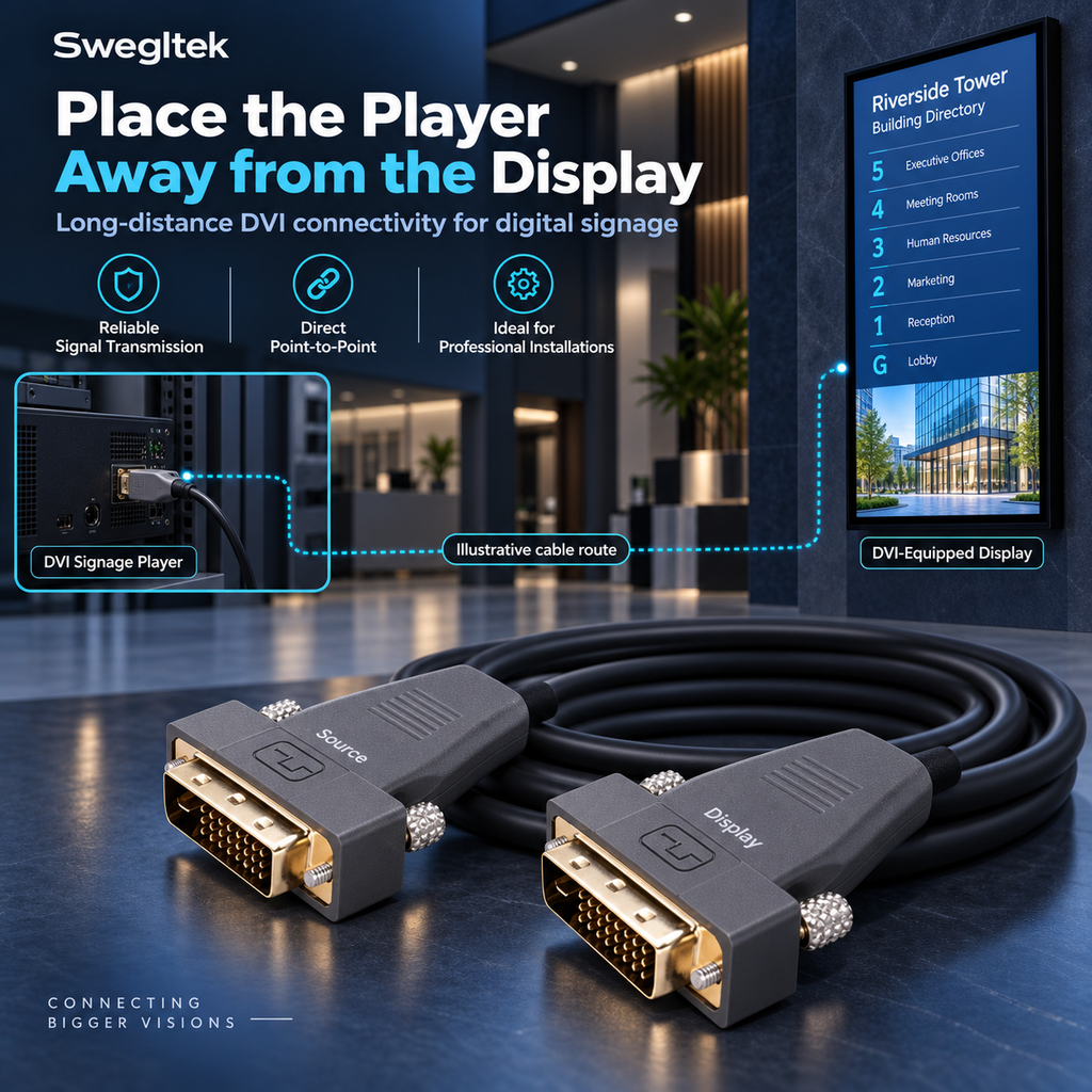 Swegltek DVI fiber optic cable illustrated between a signage player and an indoor lobby information display.