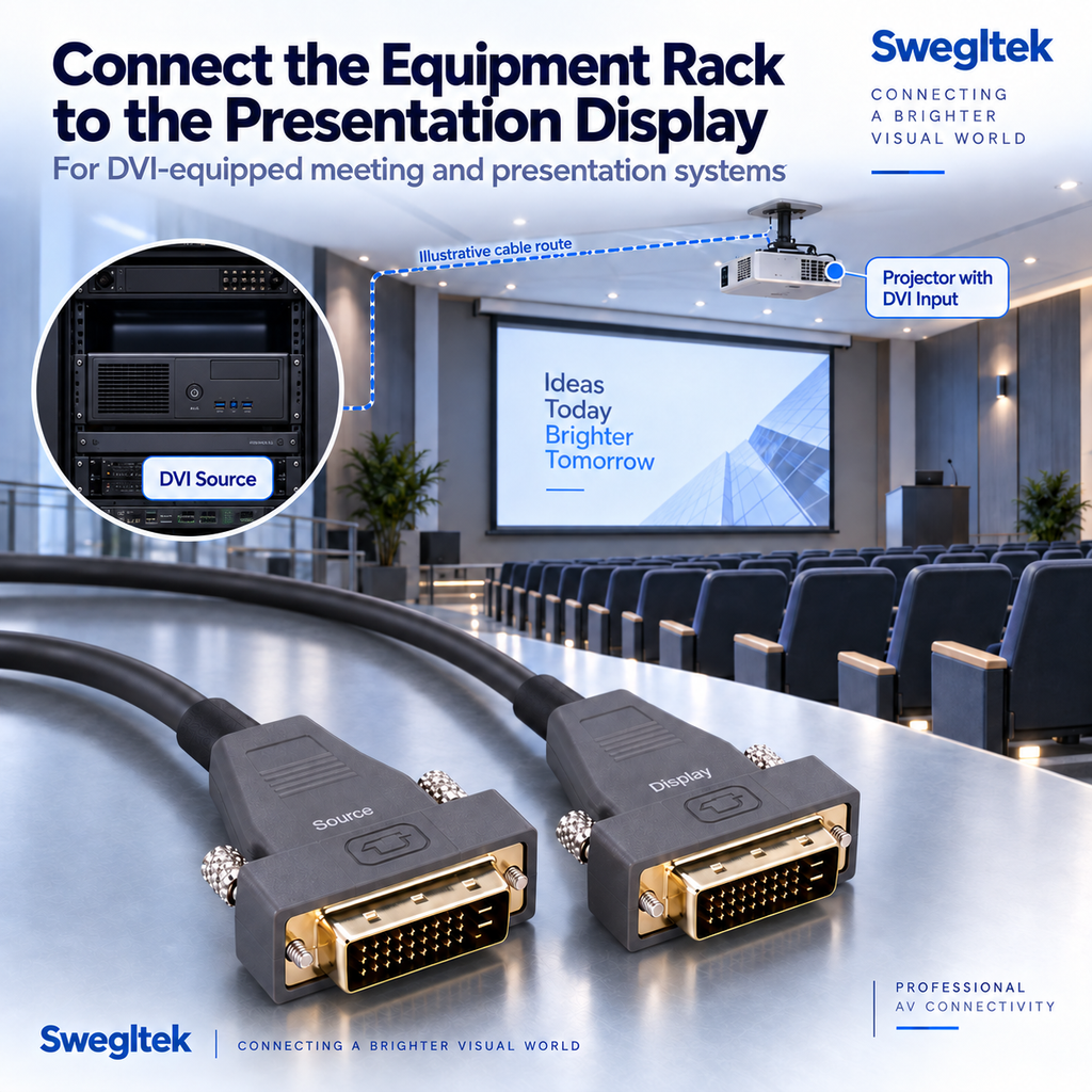 DVI cable application showing an AV equipment rack and a DVI-equipped projector in an auditorium.