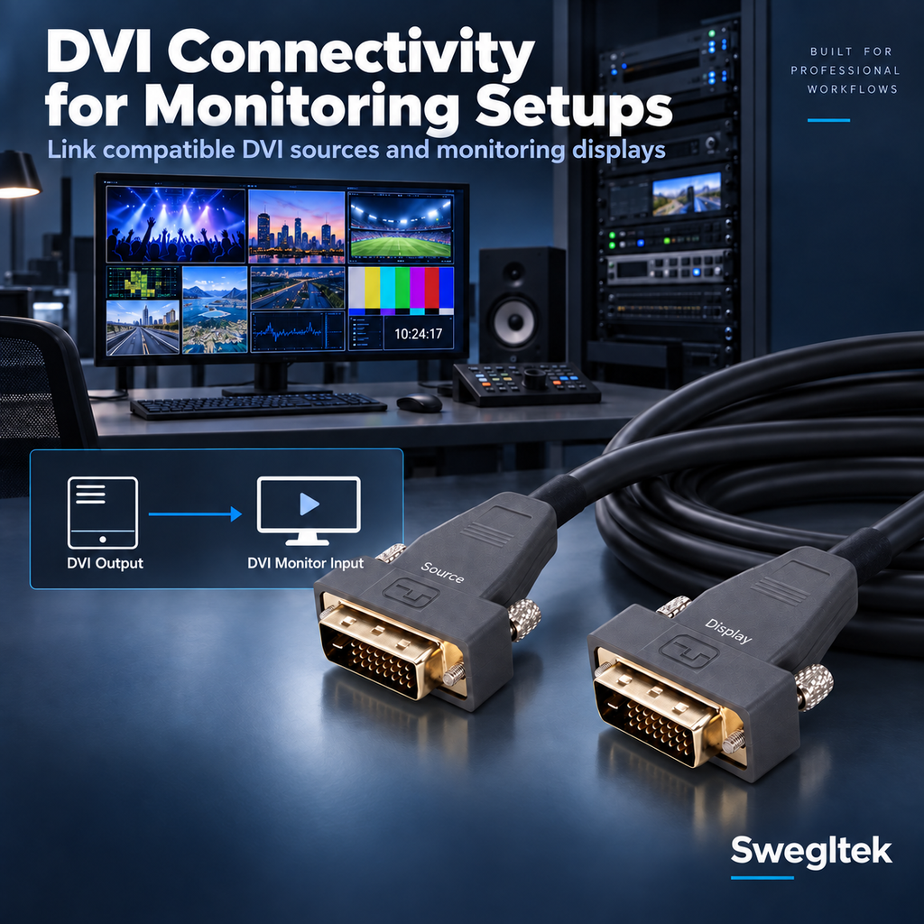 Swegltek DVI active optical cable beside a professional monitoring workstation and equipment rack.