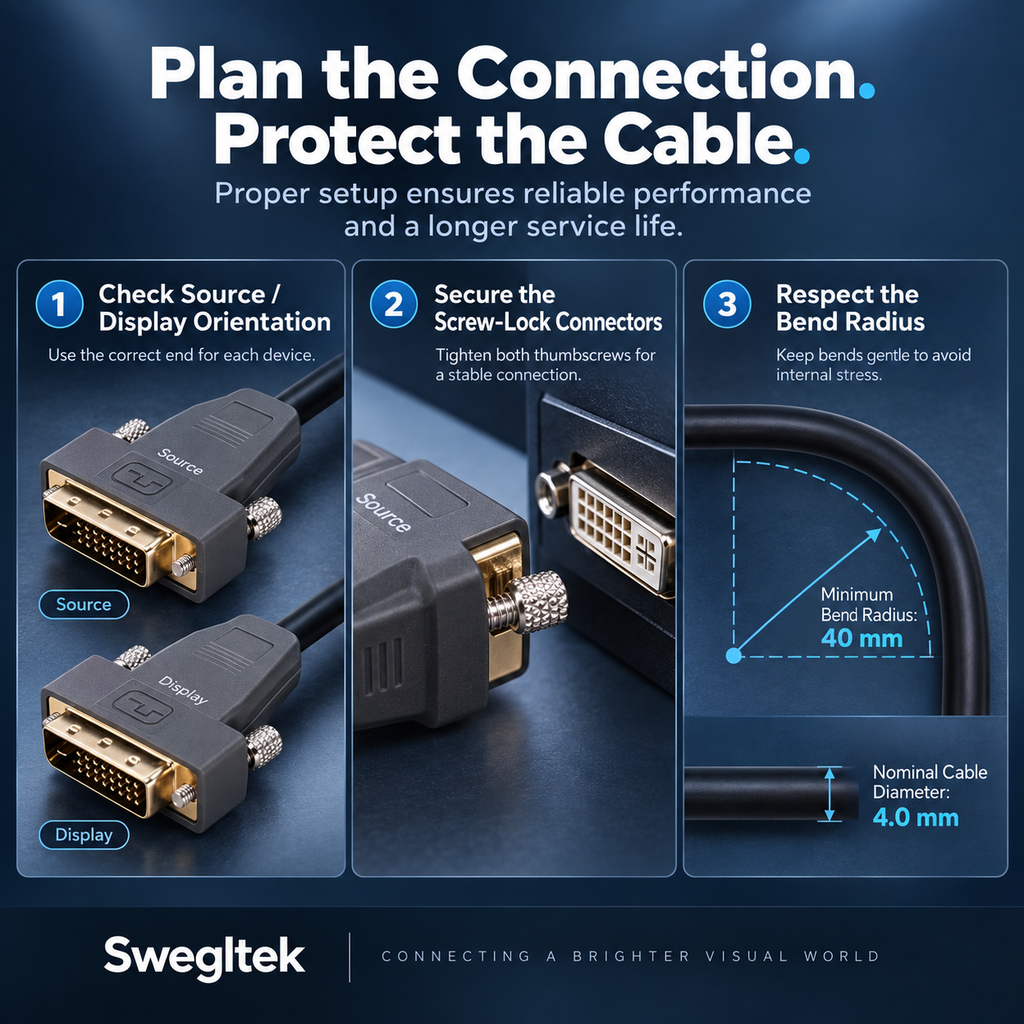 DVI cable installation details showing Source and Display labels, screw locks, and a 40 mm minimum bend radius.