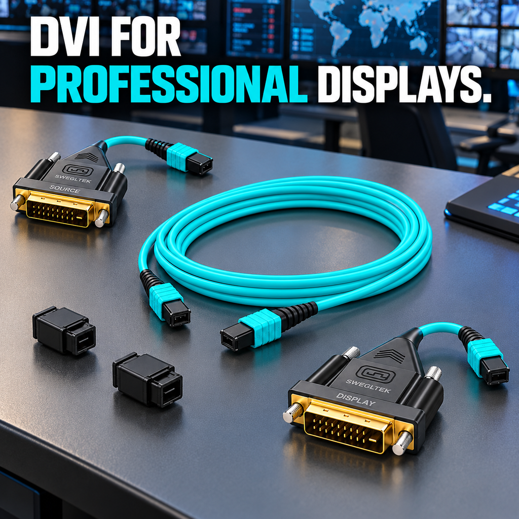Swegltek DVI modules with individual MPO pigtails and detached optical cable in a control-room setting.