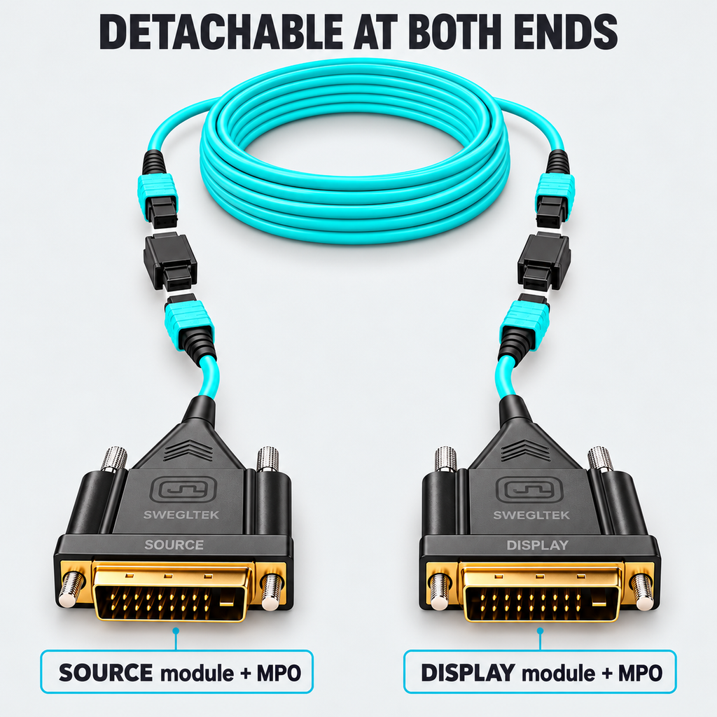 Source and Display DVI modules with both MPO optical joints shown detached.