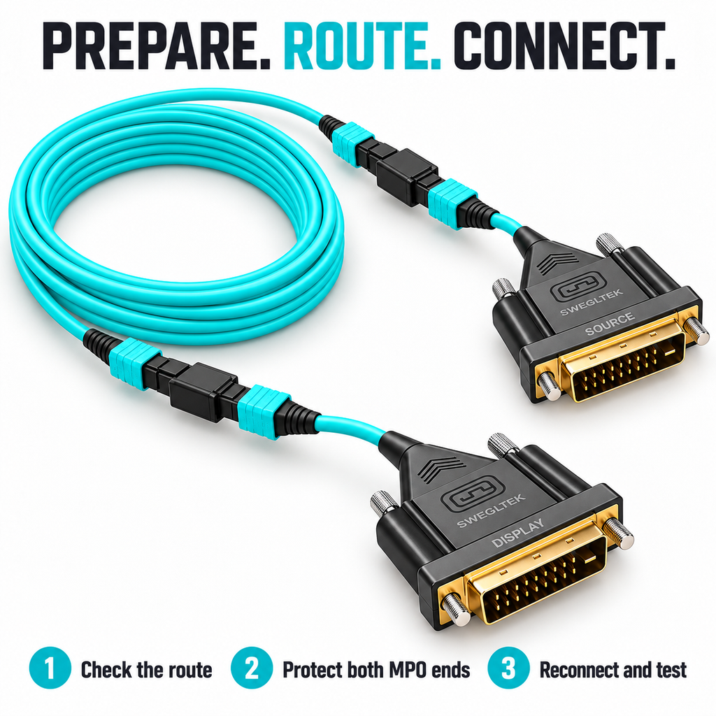 DVI cable installation illustration with two MPO joints and diagonal cable layout.