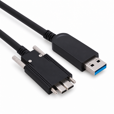 swegltek USB-A to locking Micro-B optical cable connectors arranged diagonally on white