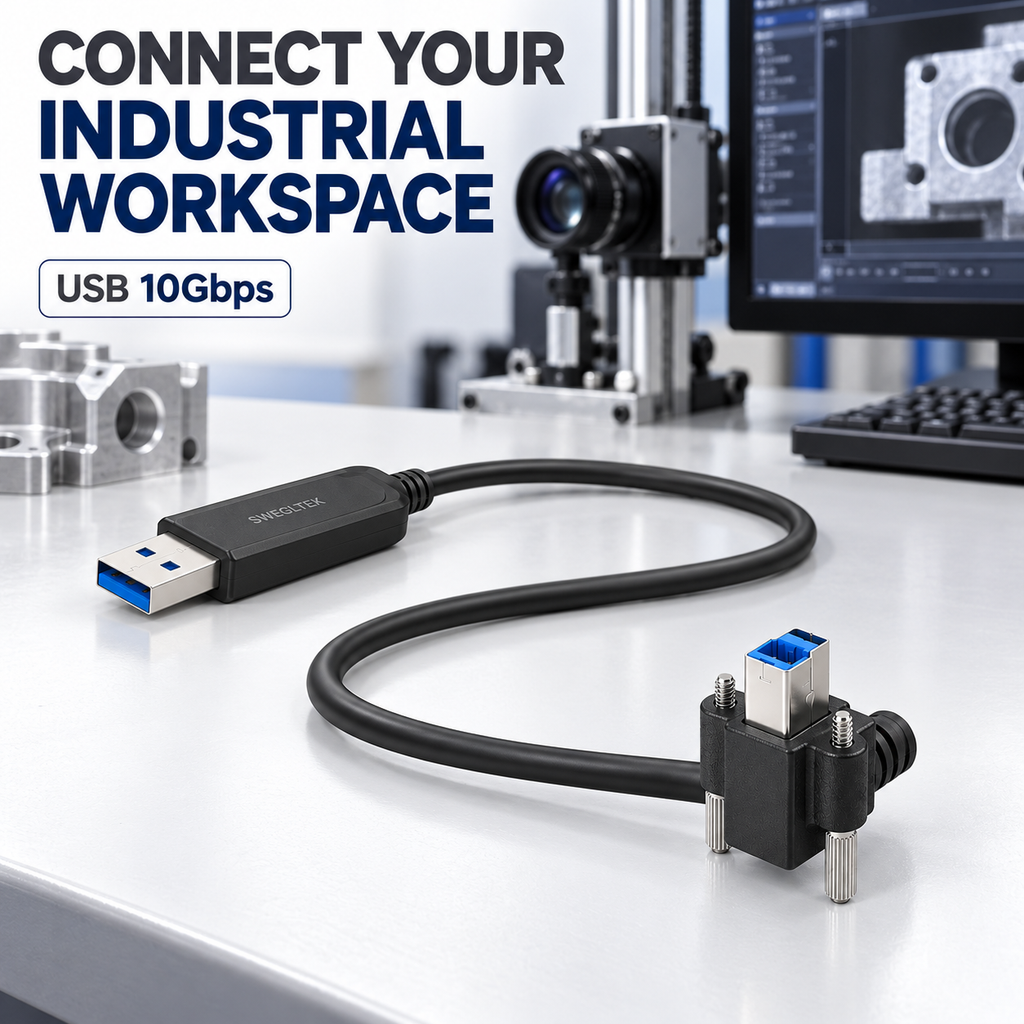 Swegltek USB-A to right-angle USB-B cable shown in an industrial inspection workspace.