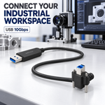 Swegltek USB-A to right-angle USB-B cable shown in an industrial inspection workspace.