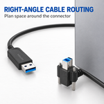 Right-angle USB-B cable exit and clearance planning beside an equipment enclosure.