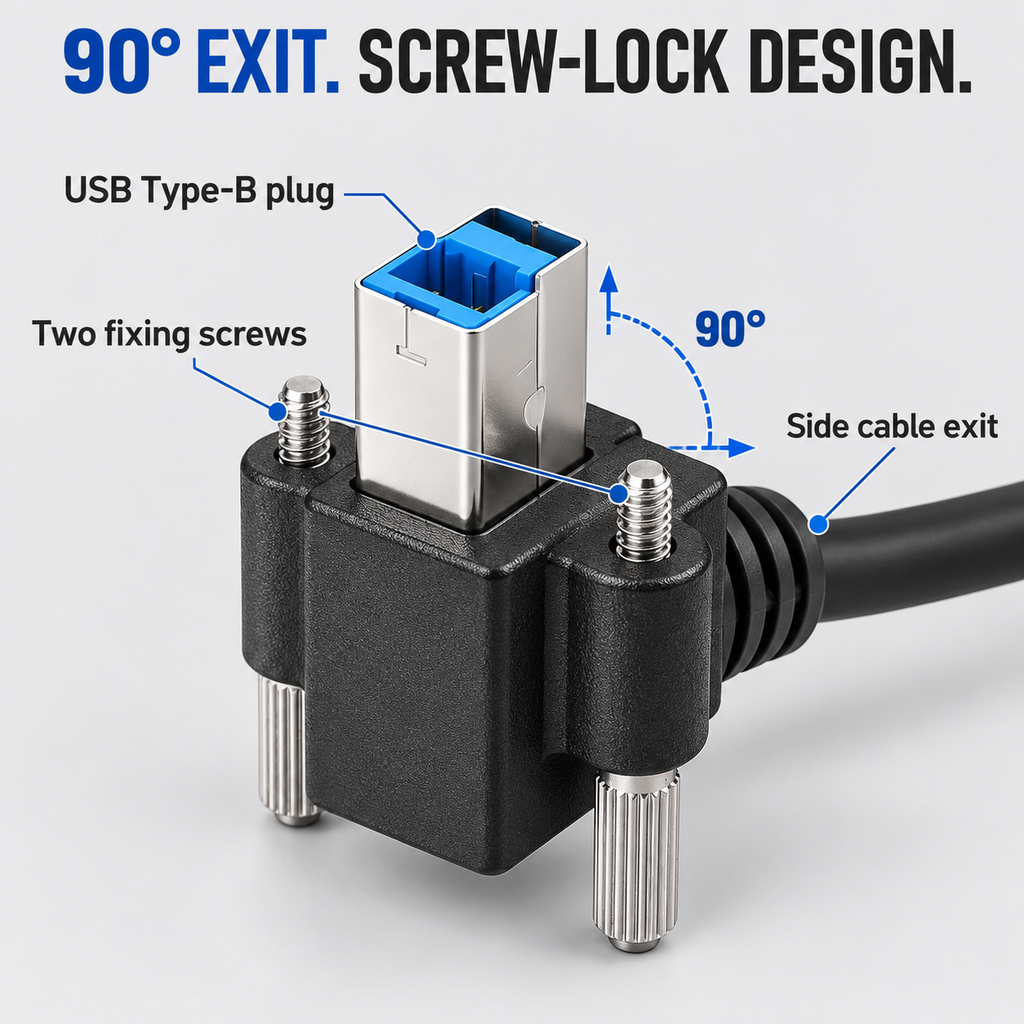 Close-up of a full-size USB-B plug, two fixing screws and 90-degree cable exit.