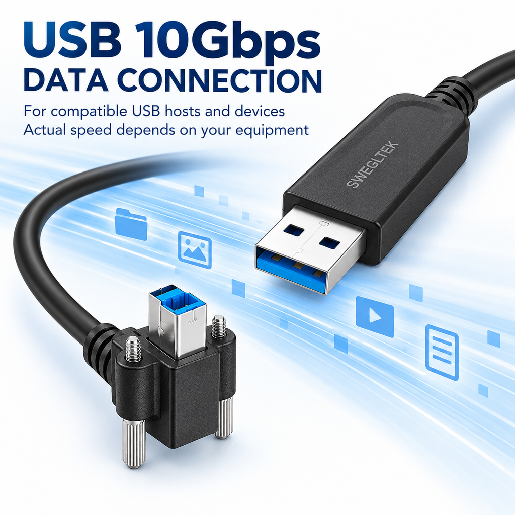 Swegltek USB 10Gbps data cable with USB-A and screw-lock USB-B connector detail.