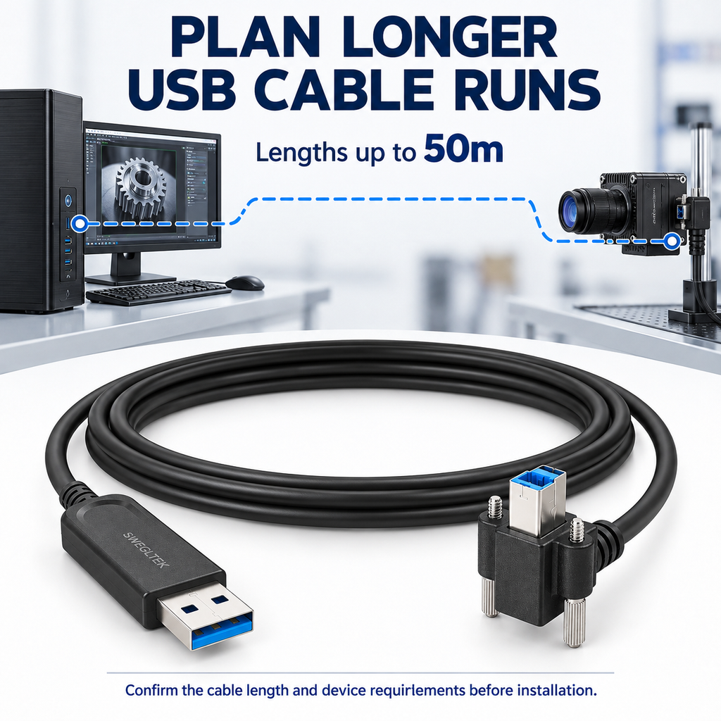 Long USB cable run planning illustration with lengths up to 50m.