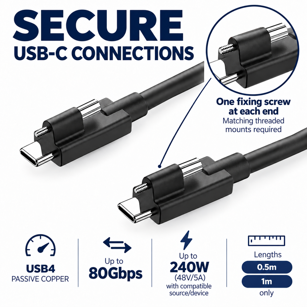 Single fixing screw at each USB-C cable end, requiring matching threaded mounts.
