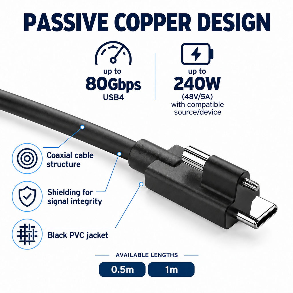 Passive copper coaxial construction, shielding and black PVC jacket.