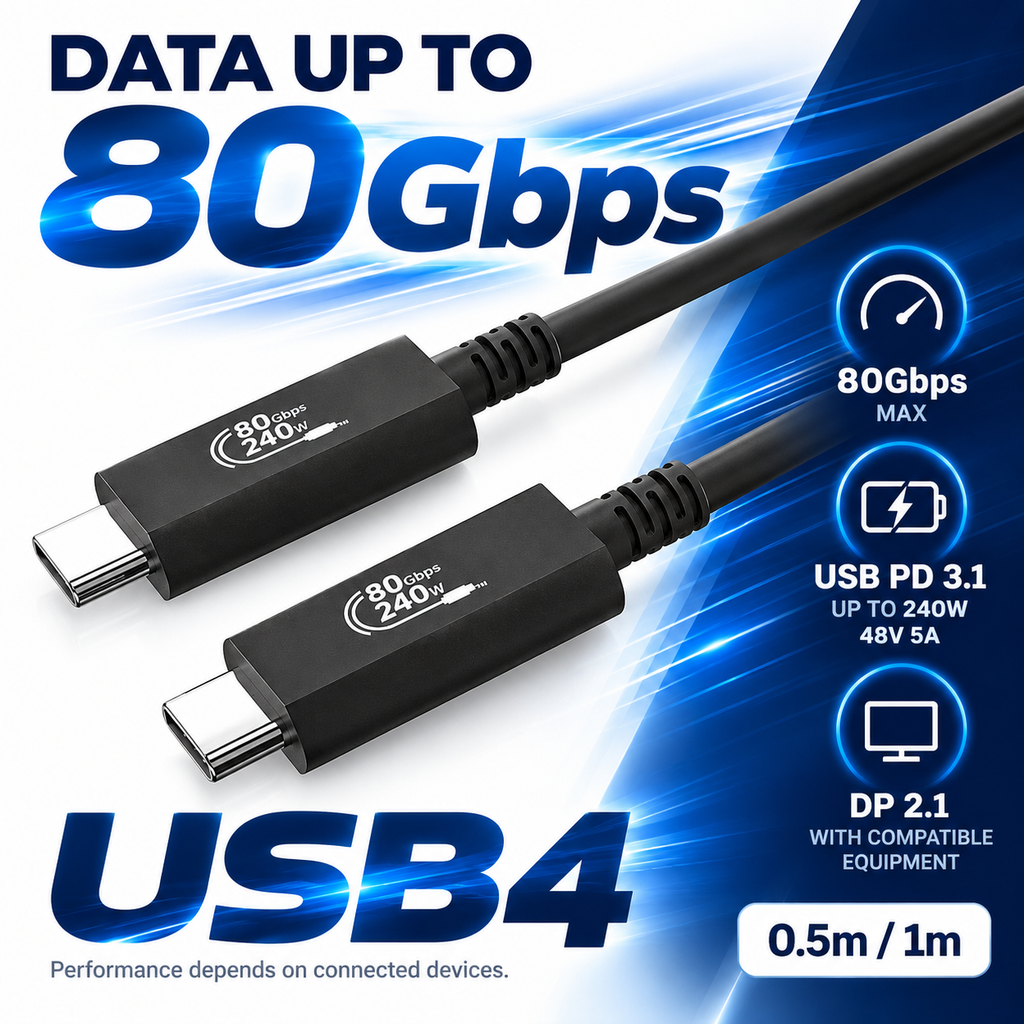 Swegltek USB4 micro coaxial copper USB-C cable,80Gbps,USBPD up240W, data.