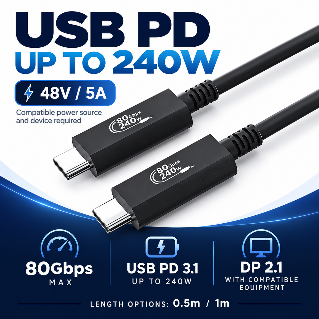 Swegltek USB4 micro coaxial copper USB-C cable,80Gbps,USBPD up240W, power.
