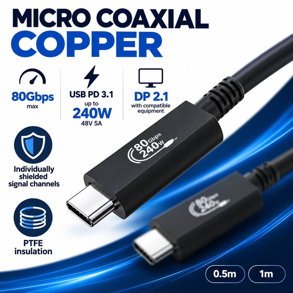 Swegltek USB4 micro coaxial copper USB-C cable,80Gbps,USBPD up240W, micro-coaxial.