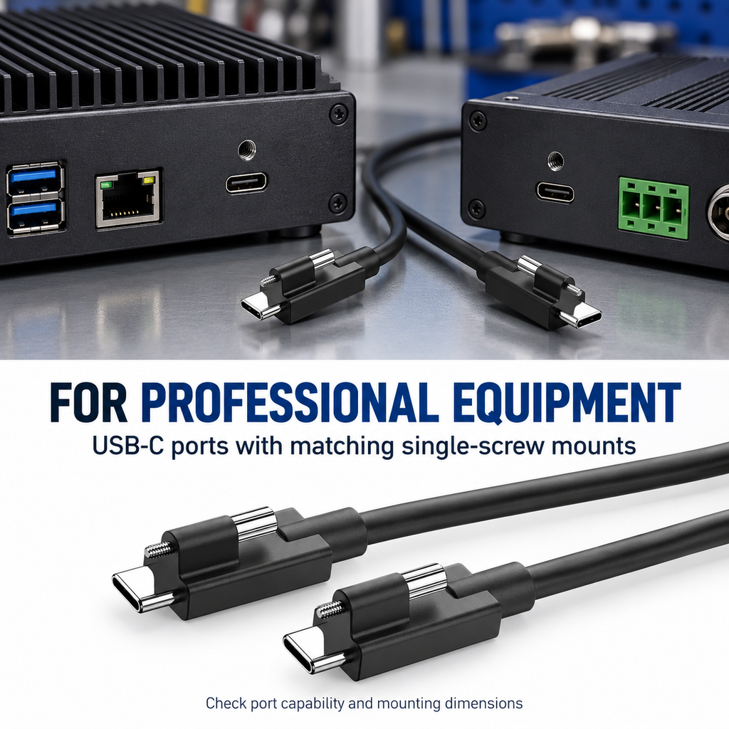 USB4 single-screw USB-C cable with illustrative professional industrial and embedded equipment.
