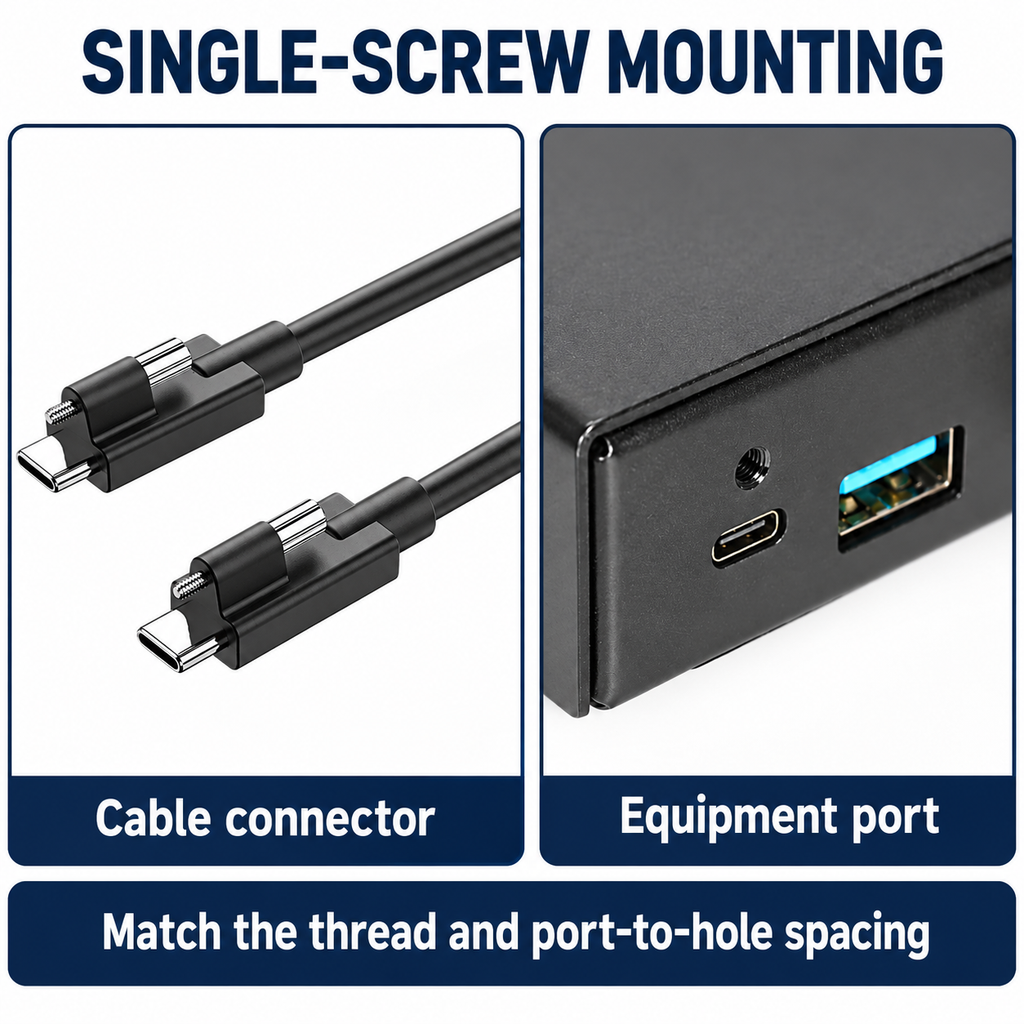 USB-C single-screw connector and matching professional equipment port, with original screw geometry.