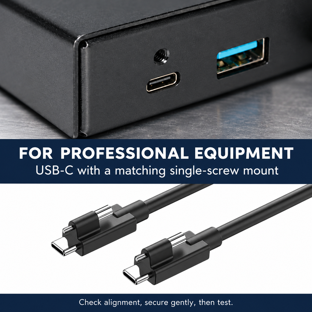 Professional equipment USB-C port and cable with corrected single axial screw position.